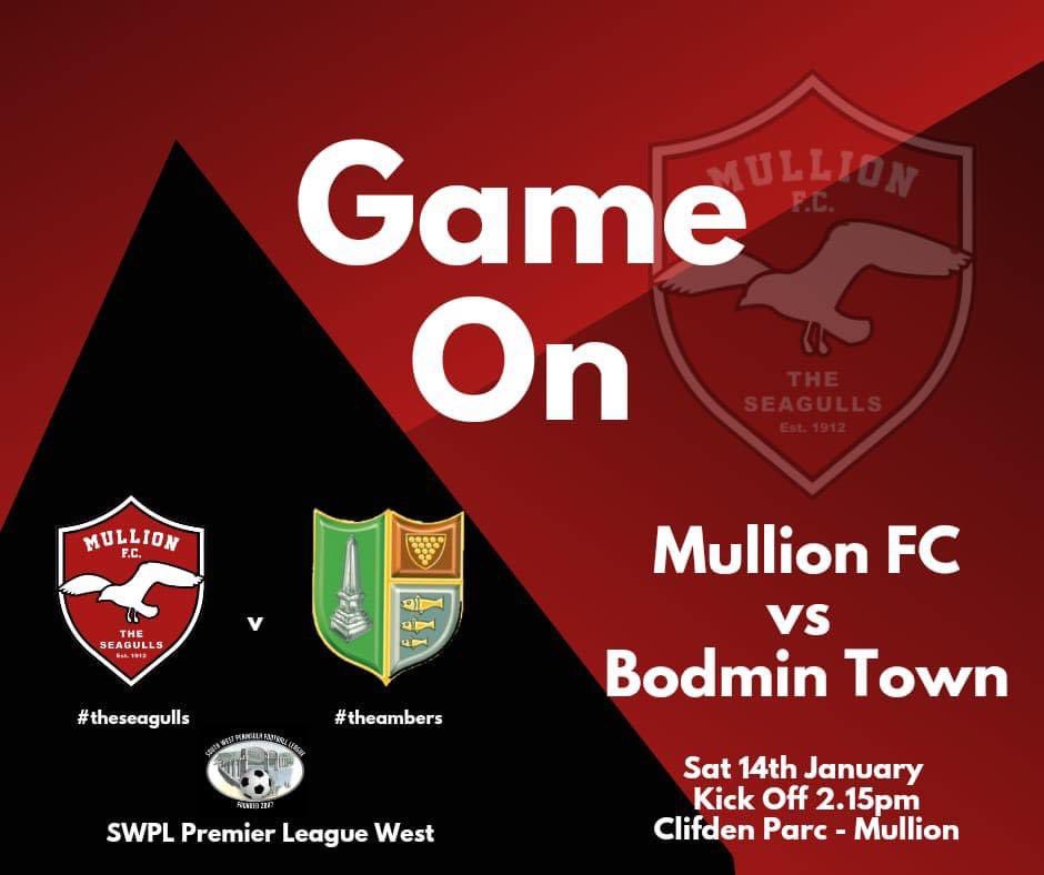 It’s game on for the first team at home today!

1️⃣ First Team

🆚<a href="/FCBodminTown/">Bodmin Town AFC</a> 

⏰ 2.15pm K/O

🏟 Clifden Parc, Mullion

🏆 <a href="/swpleague/">WALTER C. PARSON PENINSULA LEAGUE</a> 

2️⃣ Second Team
🚫 Postponed 

3️⃣ Third Team
🚫 Postponed

#wearemullion #seagulls 

<a href="/Cornishfootball/">Dave Deacon</a> <a href="/swsportsnews/">South West Sports News</a>