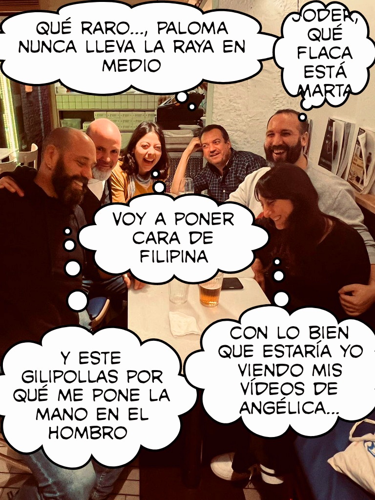 Última edición de cena 'Estrépito y Boato', minutos antes de empezar a discutir sobre cualquier movida teatral sin sentido

El art final es de <a href="/RauLosanez/">Raúl Losánez</a>, que nos quiere mucho a todes. Falta <a href="/Praito/">Prado Campos</a>, pero estaba en nuestros corazones