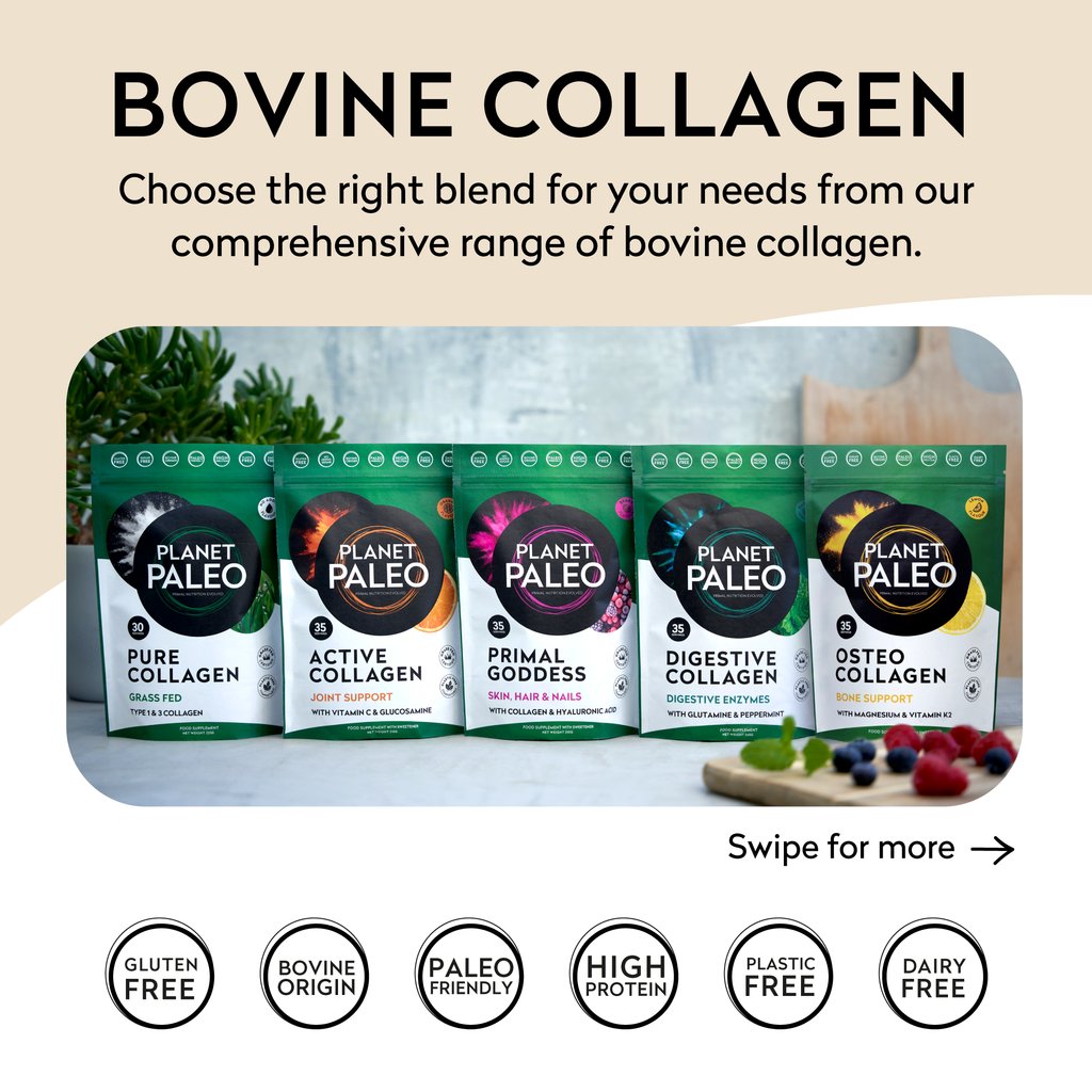PlanetPaleo's tweet photo. Introducing our Bovine Collagen collection!🌟⁠
⁠
It's perfect for adding to your favourite recipes to boost the nutrients, such as glycine and proline as well as other amino acids🧬⁠
⁠
Add to juices, coffees, smoothies, soups, pancakes and more 🥞⁠
⁠
https://t.co/alyCaSA2IN https://t.co/mPN3zZ7Vps