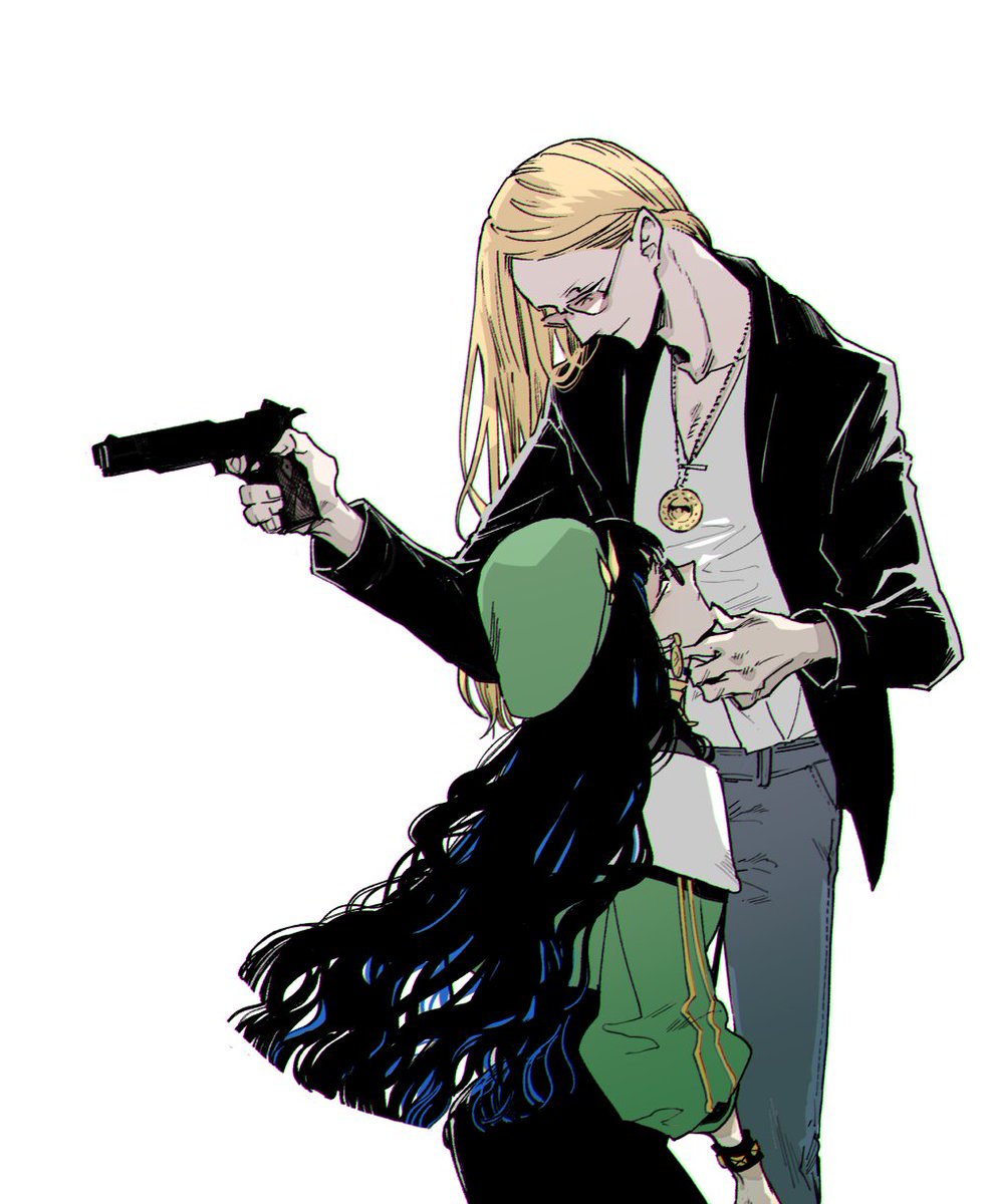 weapon gun long hair blonde hair black hair hat holding weapon  illustration images