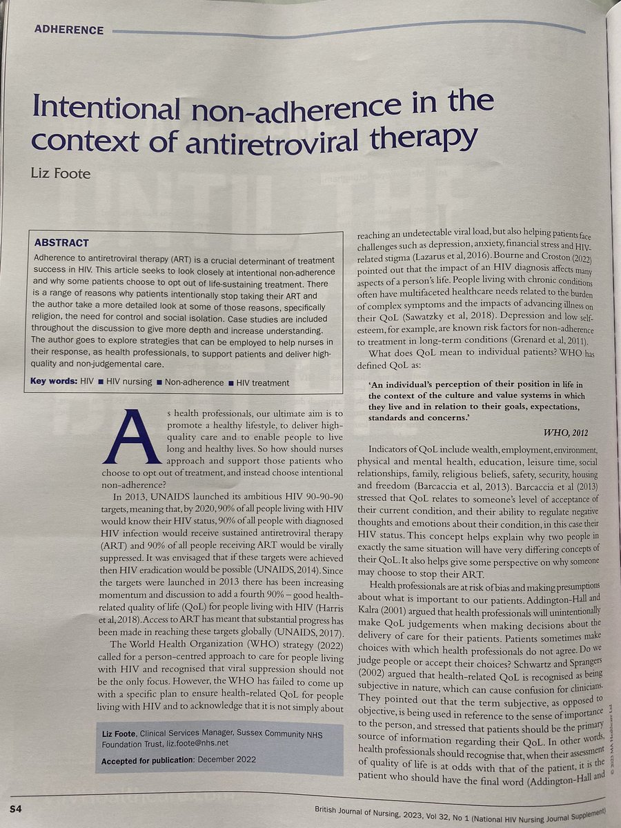 Very excited about seeing my article on ‘Intentional non adherence in the context of antiretroviral therapy’ published in this months British Journal of Nursing. The article specifically looks at religion, the need for control and social isolation #HIV #Adherence #SCFT