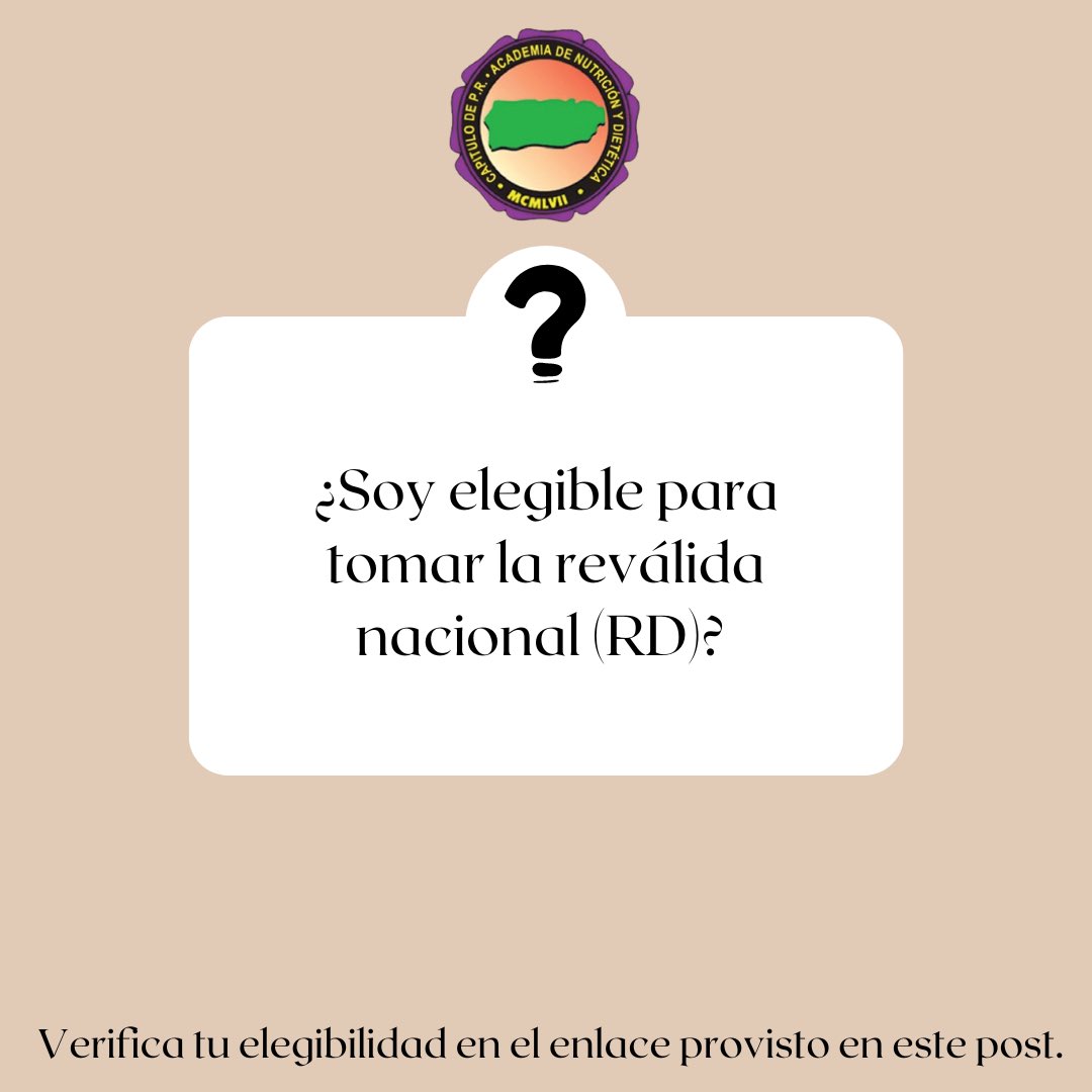 Sabemos que se avecinan cambios en cuanto a los requisitos para ser elegible para tomar el examen a partir del 1 de enero de 2024. En el siguiente enlace podrás verificar si eres actualmente elegible bajo el CDR. 
Accede aquí: secure.eatright.org/v14pgmlib/prd/…