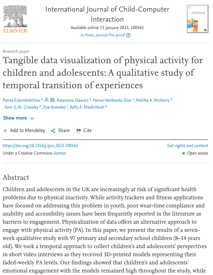 Nervo Xavier Verdezoto (@nervoxavier) on Twitter photo Our paper "Tangible data visualization of physical activity for children and adolescents: A qualitative study of temporal transition of experiences" led by the amazing Parisa Eslambolchilar & @falkowata is now online at Int. J. Child-Comput. <a href="/Cardiff_HCC/">Cardiff Human-Centred Computing Research Unit</a>
doi.org/10.1016/j.ijcc… Our paper "Tangible data visualization of physical activity for children and adolescents: A qualitative study of temporal transition of experiences" led by the amazing Parisa Eslambolchilar & @falkowata is now online at Int. J. Child-Comput. <a href="/Cardiff_HCC/">Cardiff Human-Centred Computing Research Unit</a>
doi.org/10.1016/j.ijcc…