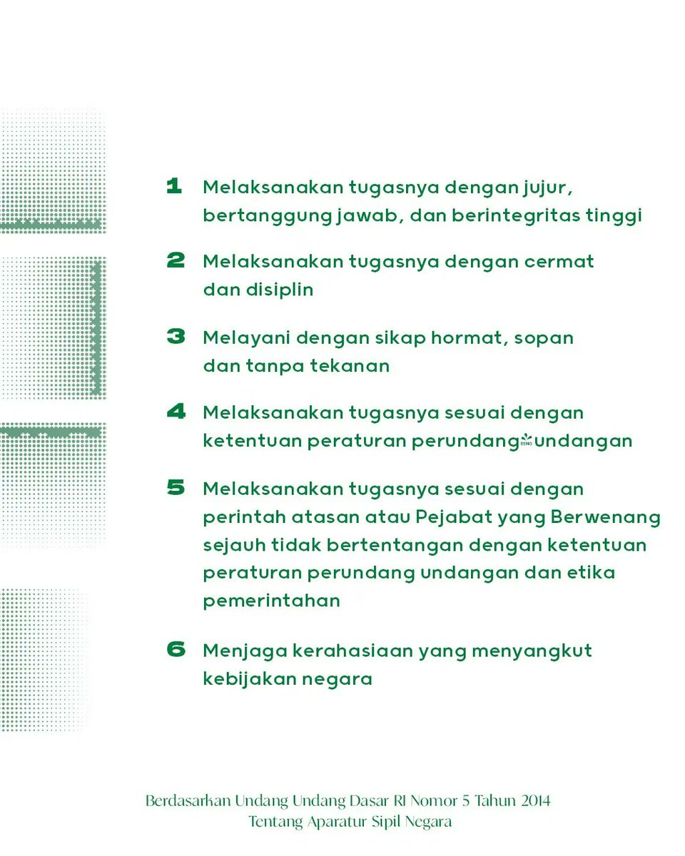 bpsdmjabar's tweet photo. Dua belas kode etik dan kode perilaku ASN
Sudah tahu belum #bestie.
Nih, mimin kasih tahu ya.
Tunggu info ASN selanjutnya 🥰
@ridwankamil
@uu_ruzhanul
#RidwanKamil
#bpsdmjabar https://t.co/ByAVn0UFVk
