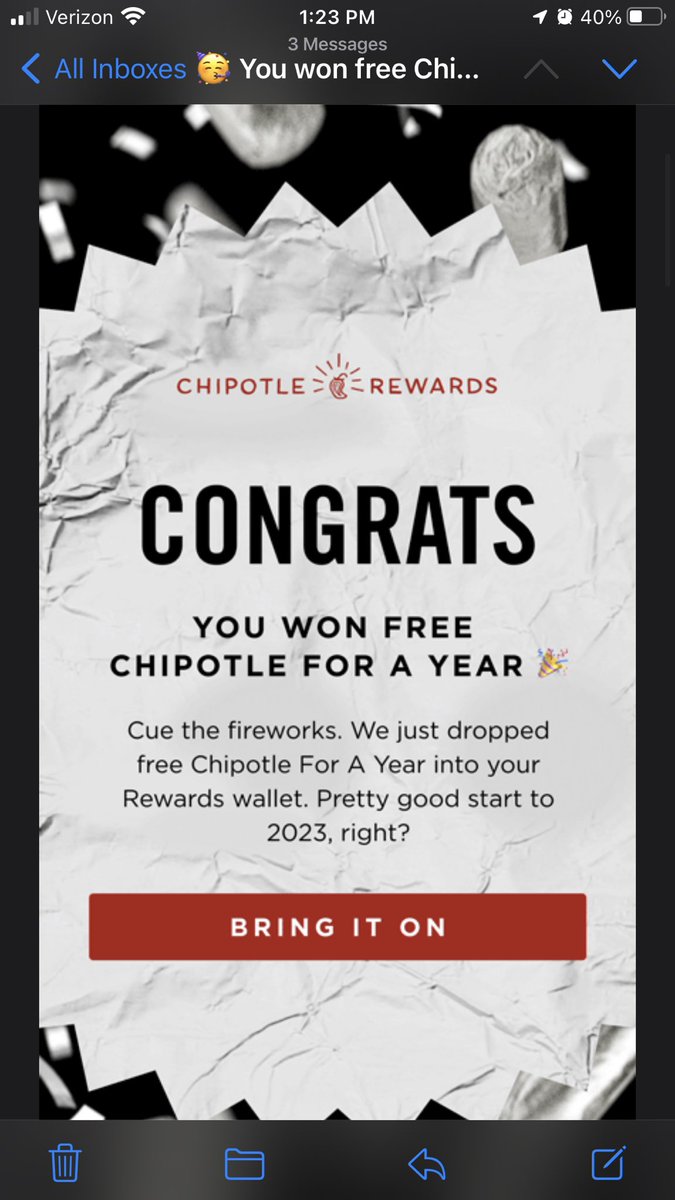 JoshHarrison73's tweet photo. Got this email yesterday… after eating chipotle every day this far into the new year, with the plan to continue, I was ecstatic. Then, they emailed me later in the day saying it was an error. So disappointed in @ChipotleTweets https://t.co/mf3CQLFmCf