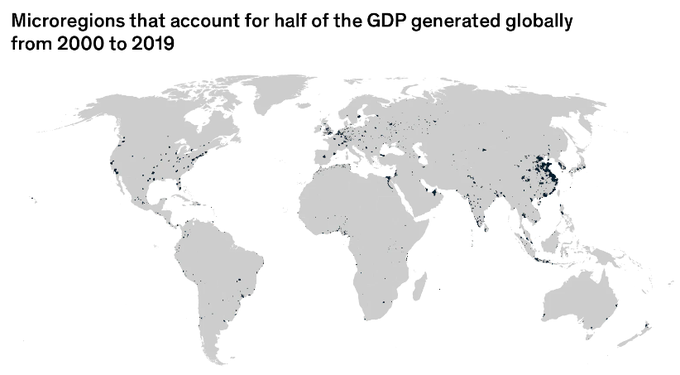 Astounding Half the world's GDP is produced inside these tiny black spots A quarter of humanity lives here (2bn) It takes up 0.9% of the global land area About the size of Colombia (130Mkm²*0.9%) or 2x France or Texas + California mckinsey.com/mgi/our-resear…