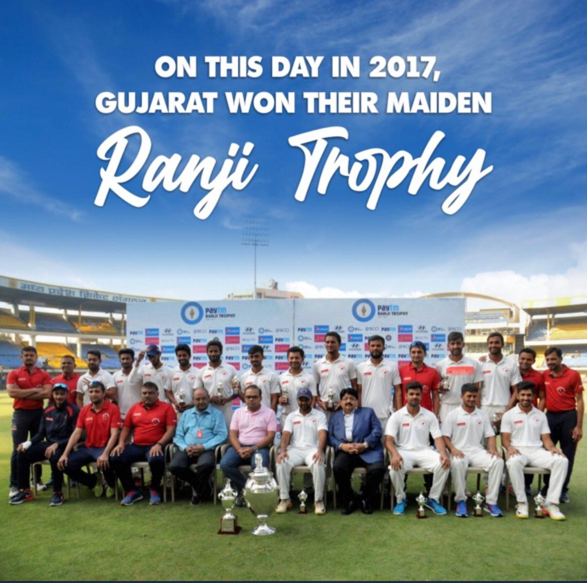 parthiv9's tweet photo. A journey is best measured in memories, not miles. On this day, in 2017 - Gujarat won their maiden Ranji Trophy 🏆 One of my fondest memories so far... @GCAMotera #CricketTwitter https://t.co/vCiGQ9aMtv