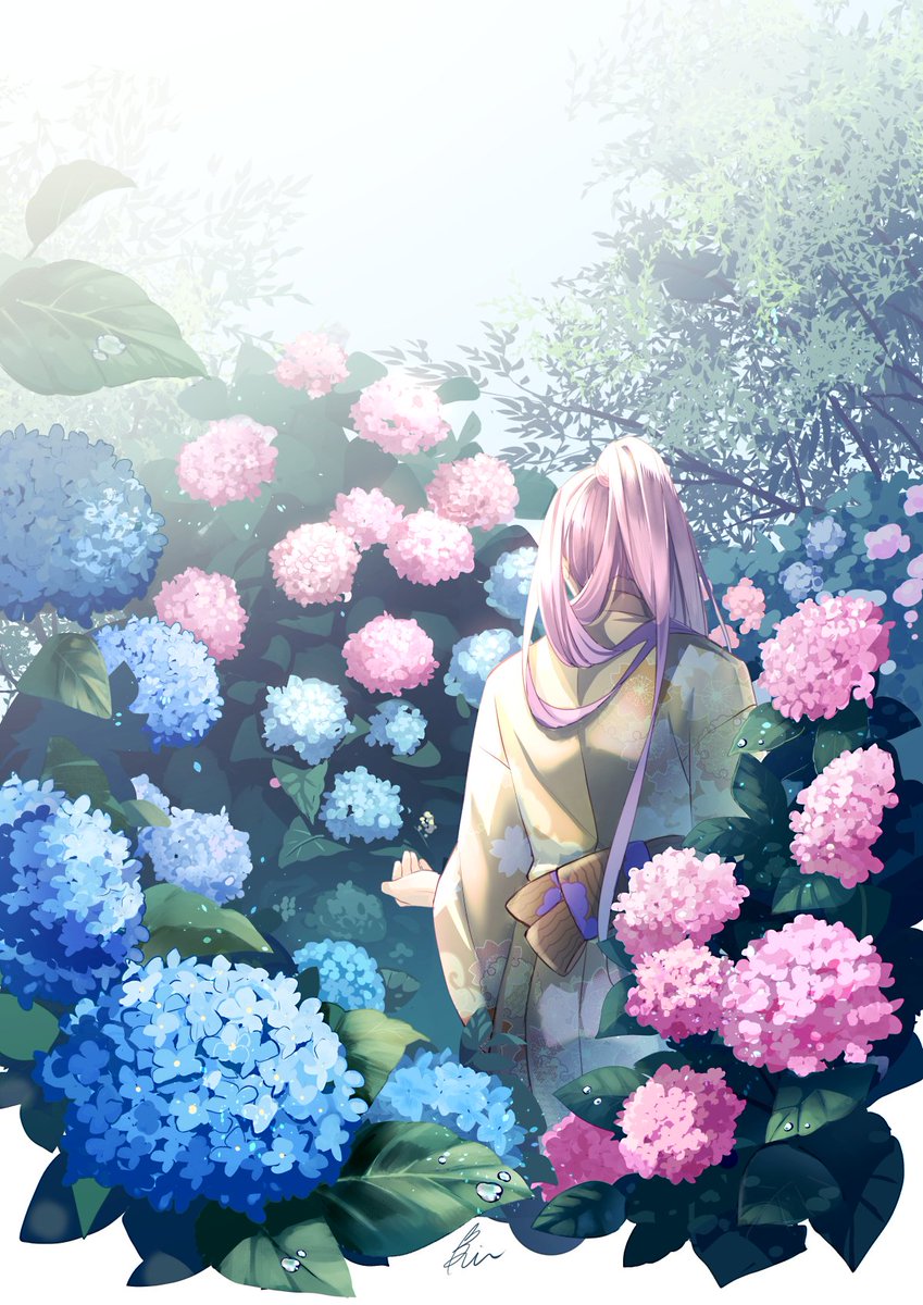 hydrangea flower japanese clothes long hair solo kimono from behind  illustration images