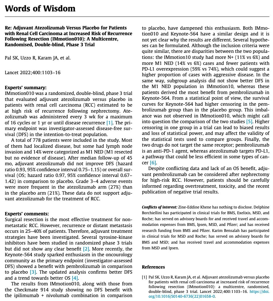 European Urology (@euplatinum) on Twitter photo New Words of Wisdom from <a href="/ZineEddineKhene/">Zine-Eddine Khene</a> Delphine Borchiellini <a href="/kbensalah35/">Karim Bensalah</a>
Re: Adjuvant Atezolizumab Vs Placebo for Pts with RCC at Increased Risk of Recurrence Following Resection (IMmotion010): A Multicentre, Randomised, Double-blind, Phase 3 Trial
buff.ly/3VUrsPH New Words of Wisdom from <a href="/ZineEddineKhene/">Zine-Eddine Khene</a> Delphine Borchiellini <a href="/kbensalah35/">Karim Bensalah</a>
Re: Adjuvant Atezolizumab Vs Placebo for Pts with RCC at Increased Risk of Recurrence Following Resection (IMmotion010): A Multicentre, Randomised, Double-blind, Phase 3 Trial
buff.ly/3VUrsPH