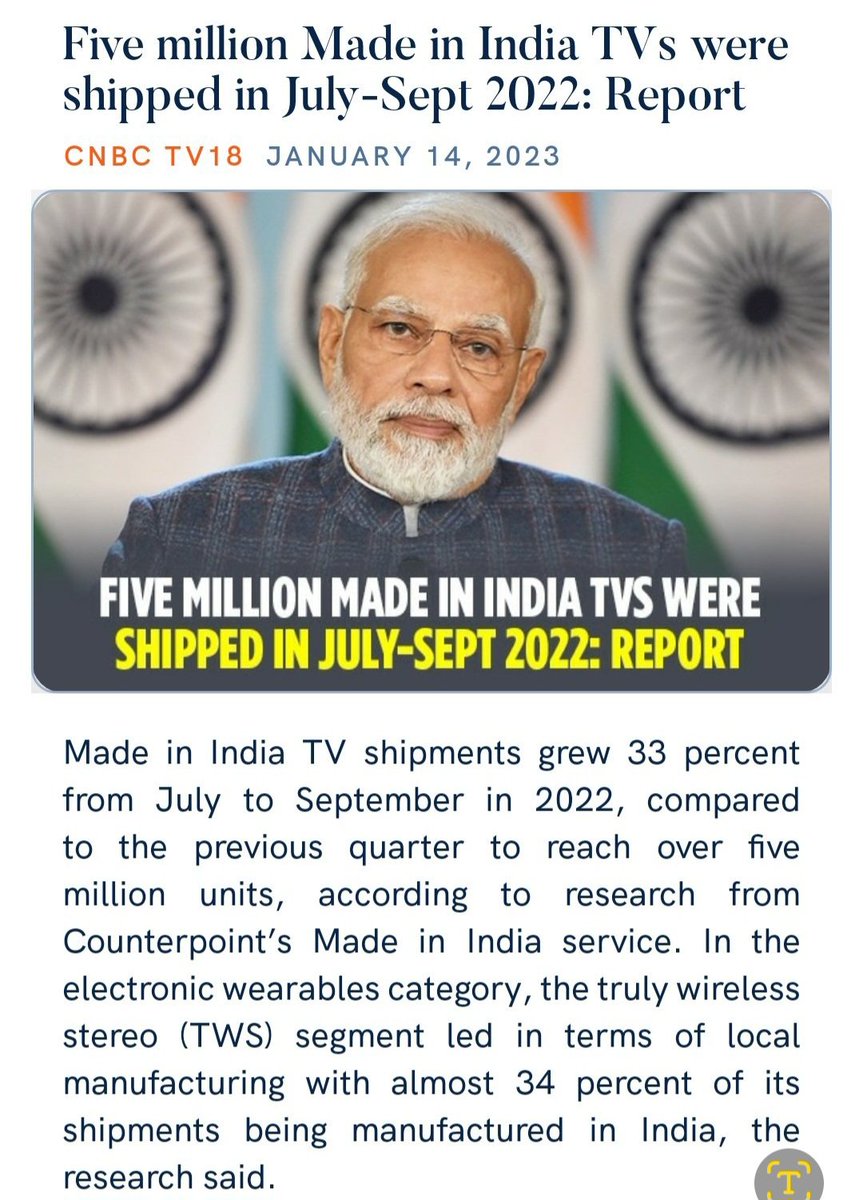 svinod_kumar's tweet photo. Made in India TV shipments grew 33 percent from July to Sep 2022

Truly wireless stereo (TWS) segment led in terms of local manufacturing with almost 34% of its shipments being manufactured in India

#MakeInIndia export to 🌎 
#Dixon
#palred
#PGElectroplast https://t.co/gwvH4PRA4n