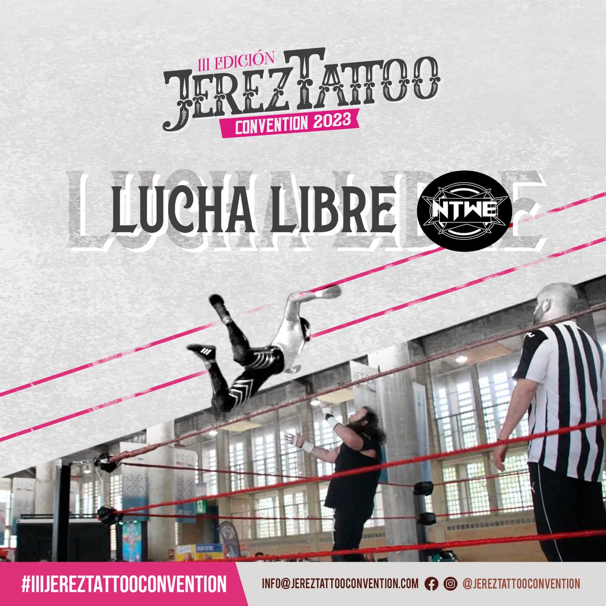NtweCadiz's tweet photo. 🚨ATENCIÓN🚨
El próximo 21, 22 y 23 de Abril volvemos por tercer año consecutivo a la Tattoo Convention.
No te pierdas nuestros shows que estaremos dando durante todo el evento.
#tattoo #tattoconvention #jerez #luchalibre #wrestling #prowrestling #ntwe #NTWE #wearentwe https://t.co/nL11FmiA83