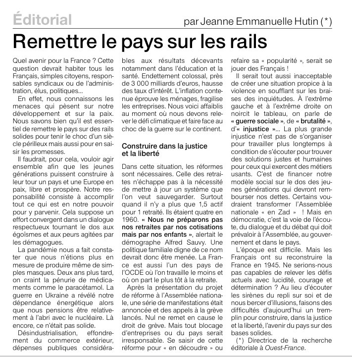 #Réforme des #retraites « Remettre le pays sur les rails » #Editorial ⁦<a href="/OuestFrance/">Ouest-France</a>⁩  ⁦