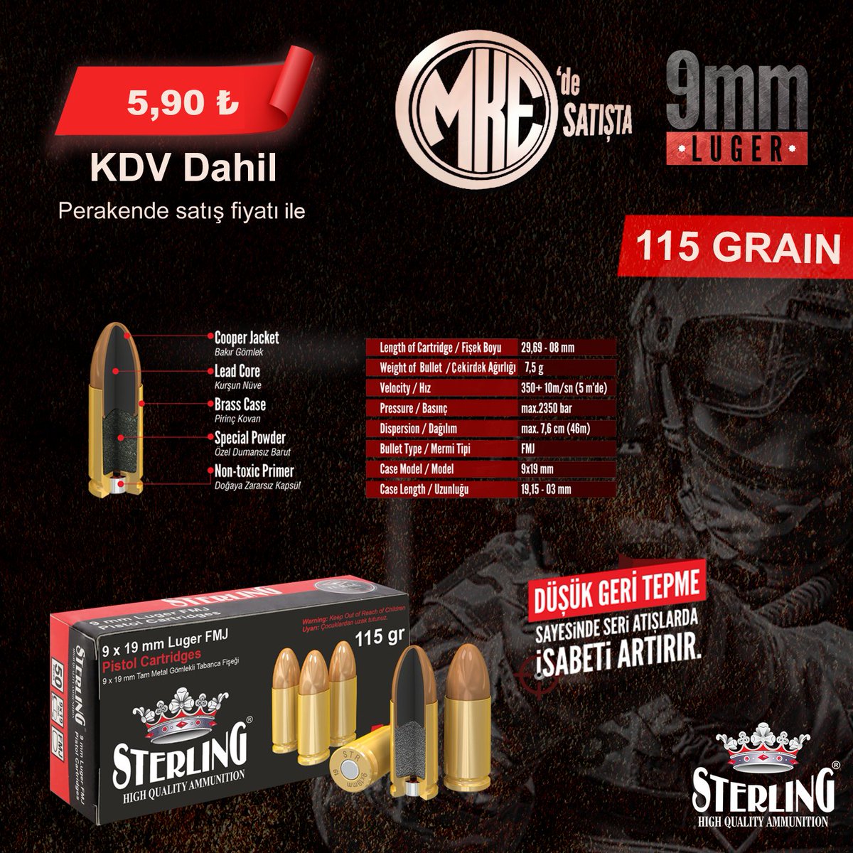 Sterling 9x19 mm Luger FMJ / 115 grain
MKE'de Satışta!
- - - - - - - - - - - - - -
Sterling 9x19 mm Luger FMJ / 115 grain
on sale at MKE

#sterling #mke #makinekimyaenstitüsü #9mmluger #grain #idpa #pistolcartridges