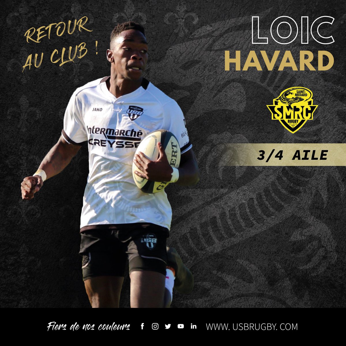 𝙉𝙊𝙐𝙑𝙀𝙇𝙇𝙀 𝙍𝙀𝘾𝙍𝙐𝙀 ✅

Après 6 mois au SMRC, Loïc HAVARD fait son retour au club 🚀

Nous sommes tous ravis de pouvoir compter sur lui dès demain à Gujan-Mestras 🏉

Bon retour à l’USB Loïc ⚫️⚪️