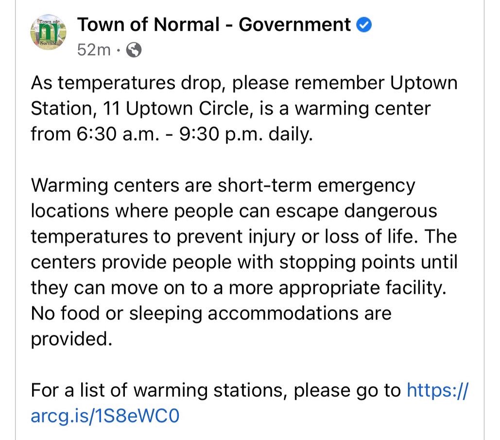 AndyForNormal's tweet image. Just a reminder on these chilly days that Uptown Normal is a warming center for anyone that needs it. 

#blono #normalil