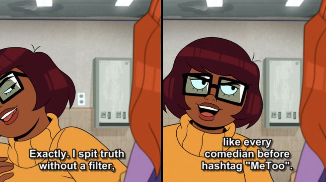 BadWritingTakes's tweet photo. Correction - Velma's showrunner is *Charlie Grandy while Mindy Kaling is an executive producer.

She is also Velma's voice actor, which means she did the lines for this attempt at a joke clearly aimed at an anti-"Woke" audience they were never going to get

Who was this show for? https://t.co/hHe62zXton