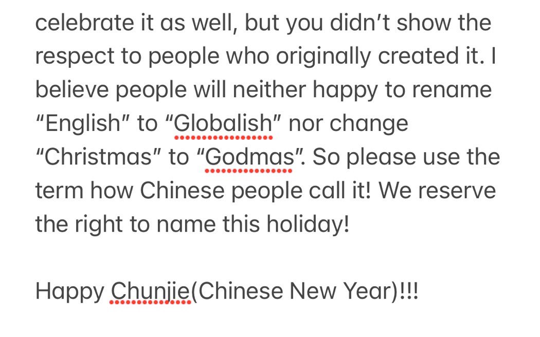 AnneGao98's tweet photo. We who created the Chinese New Year reserve the right for the naming! You can’t change “English” to “Globalish” as people all use it. We welcome people from all over the world to celebrate the festival but Chinese New Year is Chinese New Year. #HappyChineseNewYear #Chunjie https://t.co/vh9JtrEd33