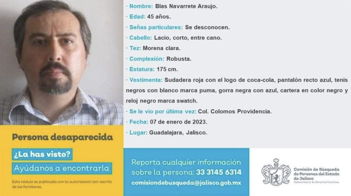 camilarivera19's tweet photo. @EnriqueAlfaroR nos puede ayudar con este caso? Hay temas más importantes que el cambio de nombre del Estadio Jalisco, uno de ellos es el de las personas desaparecidas. Su familia y la sociedad civil le  agradecería infinitamente su apoyo para localizarlo. #TeEstamosBuscandoBlas https://t.co/TT8edN5Og0