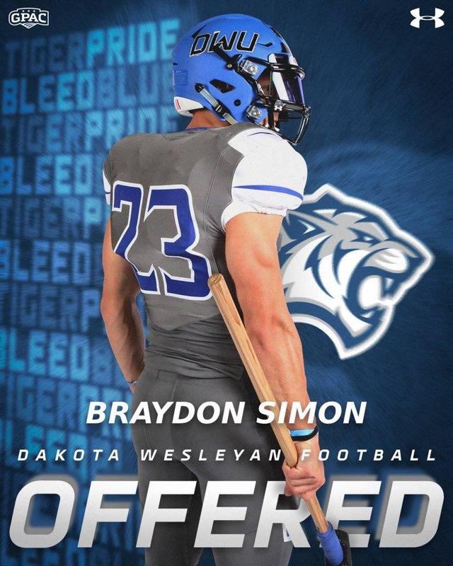 After a great call with <a href="/Coach_Bernarde/">Mike Bernarde</a>, I am happy to announce I have received my first offer to further my academic and athletic career at <a href="/DakotaWesleyan/">Dakota Wesleyan</a> Thank you for the opportunity! @CoachCimpl @CoachMcGeeDWU <a href="/CoachMasonFrost/">Mason Frost</a>