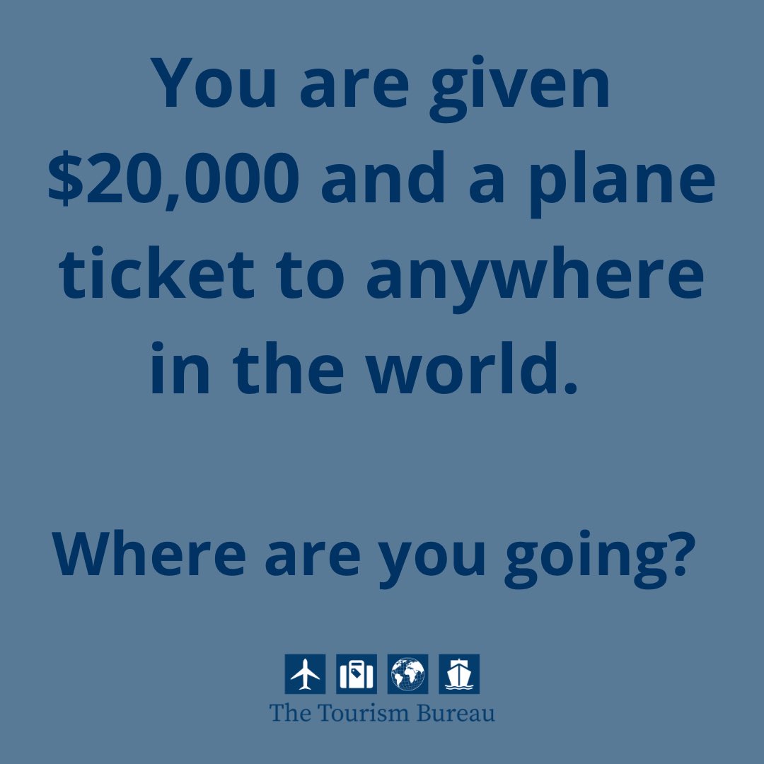 You are given $20,000 and a plane ticket to anywhere in the world.

Where are you going?

#thetourismbureau #travelagent #travelagency #traveladvisor #travelplanner #travelprofessional #travel #tourism #vacation #traveltheworld #lovetotravel #wanderlust #bookthetrip