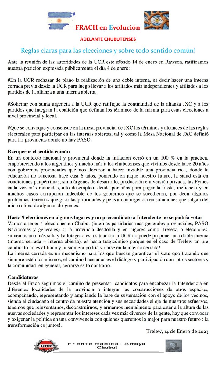 ChubutFrach's tweet photo. Reglas claras y recuperar el sentido común 
#UCR 
#Frach 
#FrachEnEvolucion https://t.co/ejhBhfMVIn