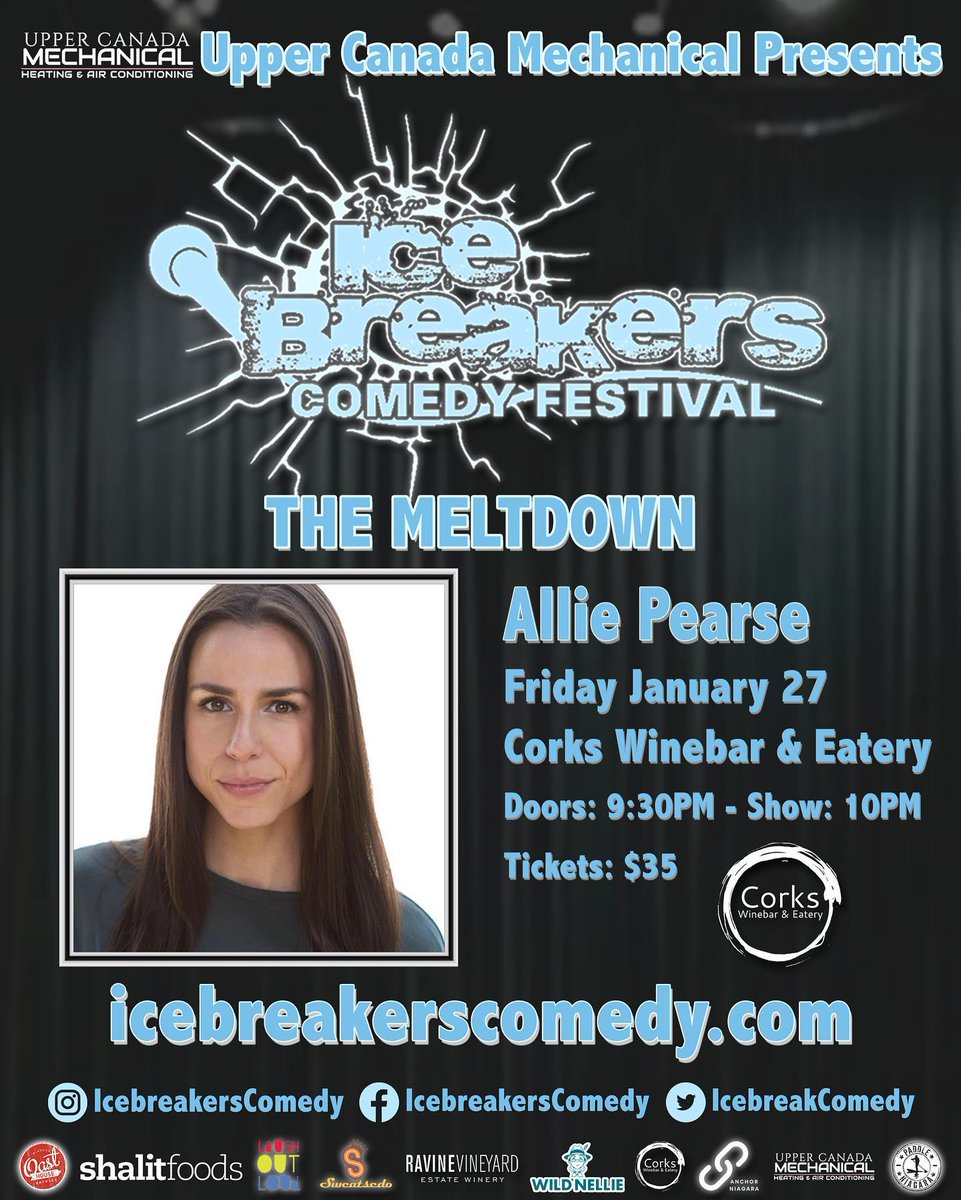 Today’s <a href="/IcebreakComedy/">Icebreakers Comedy</a> Festival comedian is the hilarious <a href="/allie_pearse/">Allie Pearse</a>! 

Don't miss Allie get gross on Friday January 27 at <a href="/CorksNiagara/">Corks Winebar&Eatery</a> for THE MELTDOWN. 

Limited tickets available
icebreakerscomedy.com

Show proudly presented by: uppercanadamechanical.com

#icebreakers2023