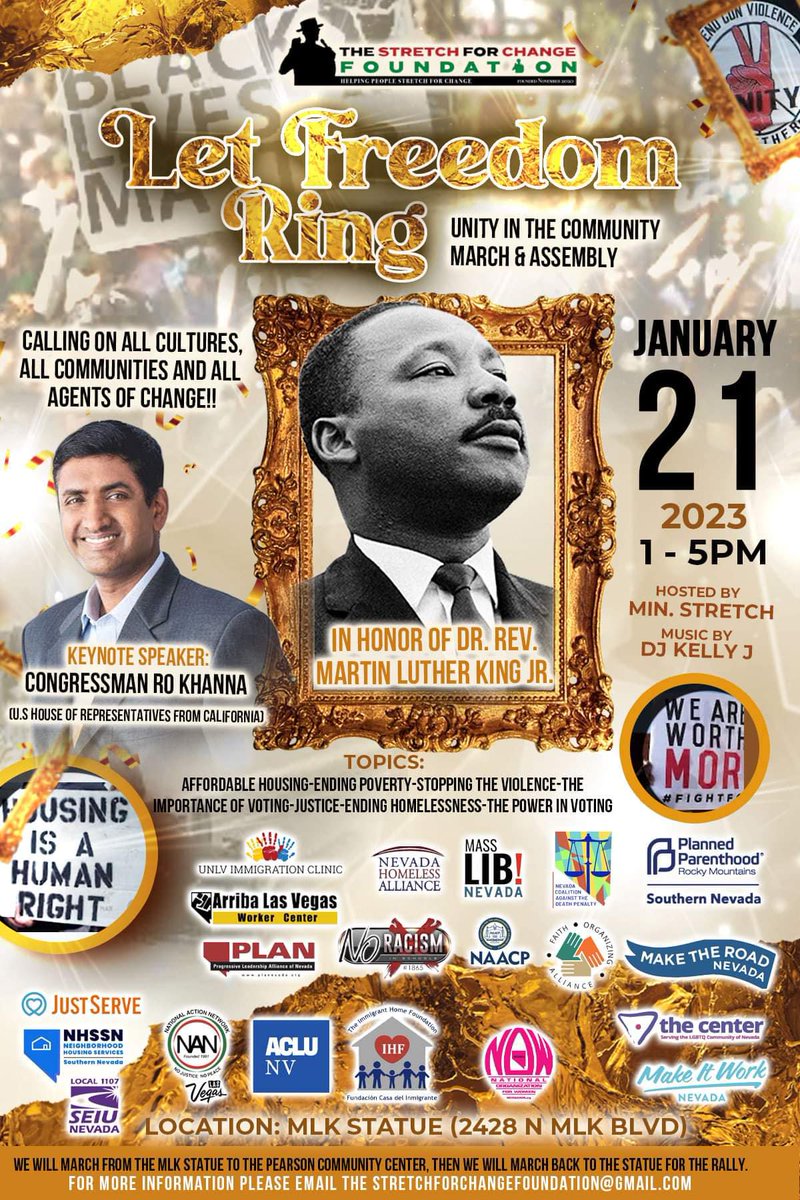 thecenterlv's tweet photo. Calling on all cultures, all communities, and agents of CHANGE! Join The Stretch for Change Foundation's Unity in the Community March and Assembly on January 21! March starts at 2:30 pm at the MLK statue (2428 N MLK Blvd).
#GetCenteredlv #StretchingForGreatness #LetFreedomRing https://t.co/65QF8bZV4Q