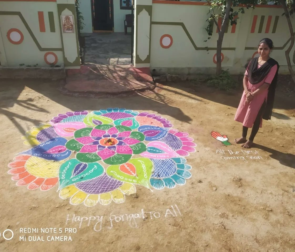 ARJanampalli's tweet photo. Overwhelmed with the support of the sisters from #Jadcherla for #Selfiewithrangoli on the occasion of Pongal. Happy to see one of our sisters draw my picture as a part of the #Rangoli contest. Can't thank you enough for your affection &amp; can't expect more. @revanth_anumula https://t.co/SGhftIxB7o