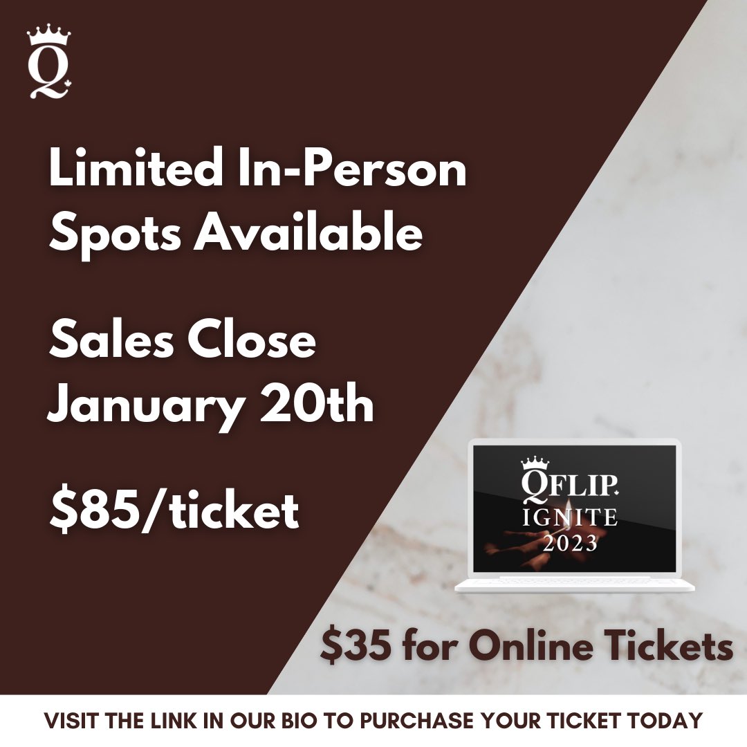 Q_FLIP's tweet photo. ⚠️ REGISTRATION HAS REOPENED FOR #IGNITE2023 ⚠️

Limited spots available - buy your tickets by January 20🔥

#IGNITE2023 will be at the Holiday Inn Kingston-Waterfront on Feb 4-5!

Can’t make it? Watch online from the comfort of your home!

Click the link in bio to buy tickets! https://t.co/f2iGVaUOCD