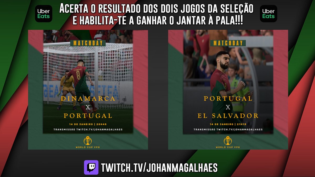 No primeiro matchday não houve vencedor, por isso, há nova oportunidade de comer à PALA!
Para participar, É OBRIGATÓRIO o seguinte:

- Retweet🤝
- Acertar os resultados dos dois jogos nos comentários deste tweet✅

Apareçam em twitch.tv/johanmagalhaes
Toca a participar!
