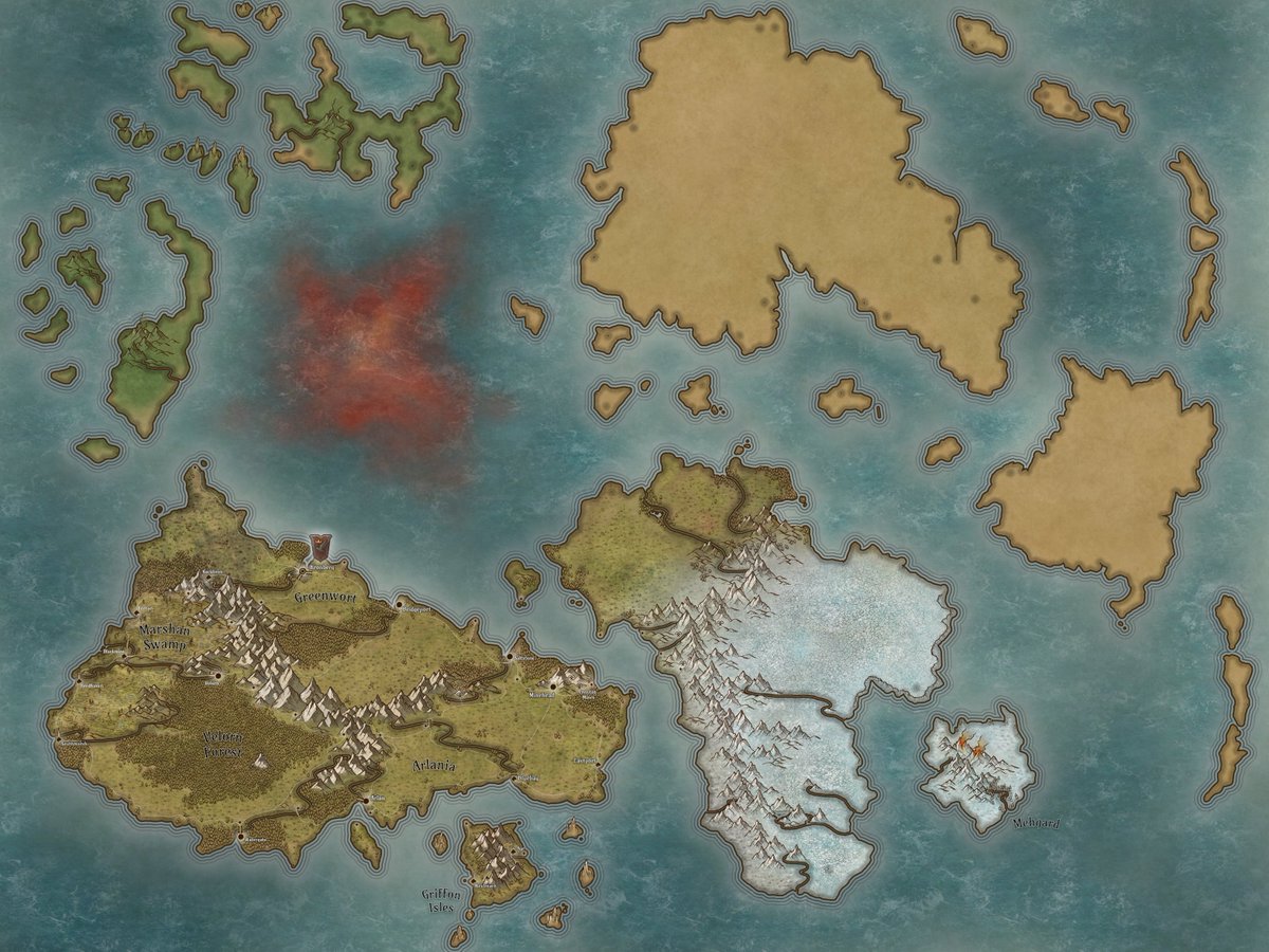 BlueGoblin14's tweet photo. Still cracking on with campaign map….although not over the last few weeks. Quite liking the Blood Sea...bit of a nod to Dragonlance. As for the campaign, our intrepid band of  heroes are on their way to the frozen Dwarven lands of Kordor to try and stop a war..
#Fantsaymap #5e https://t.co/ScaYgtDfpB