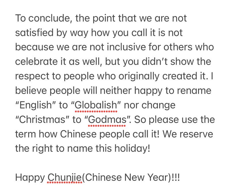 AnneGao98's tweet photo. @CcEva_ We who created this festival reserve the right for how to name it! You can’t change “English” to “Globalish” as people all around the world use it. Christmas is the “Christmas” due to the soul of Christ. You can not rename it to “Godmas” just because others also celebrate it! https://t.co/HQTyayysZL
