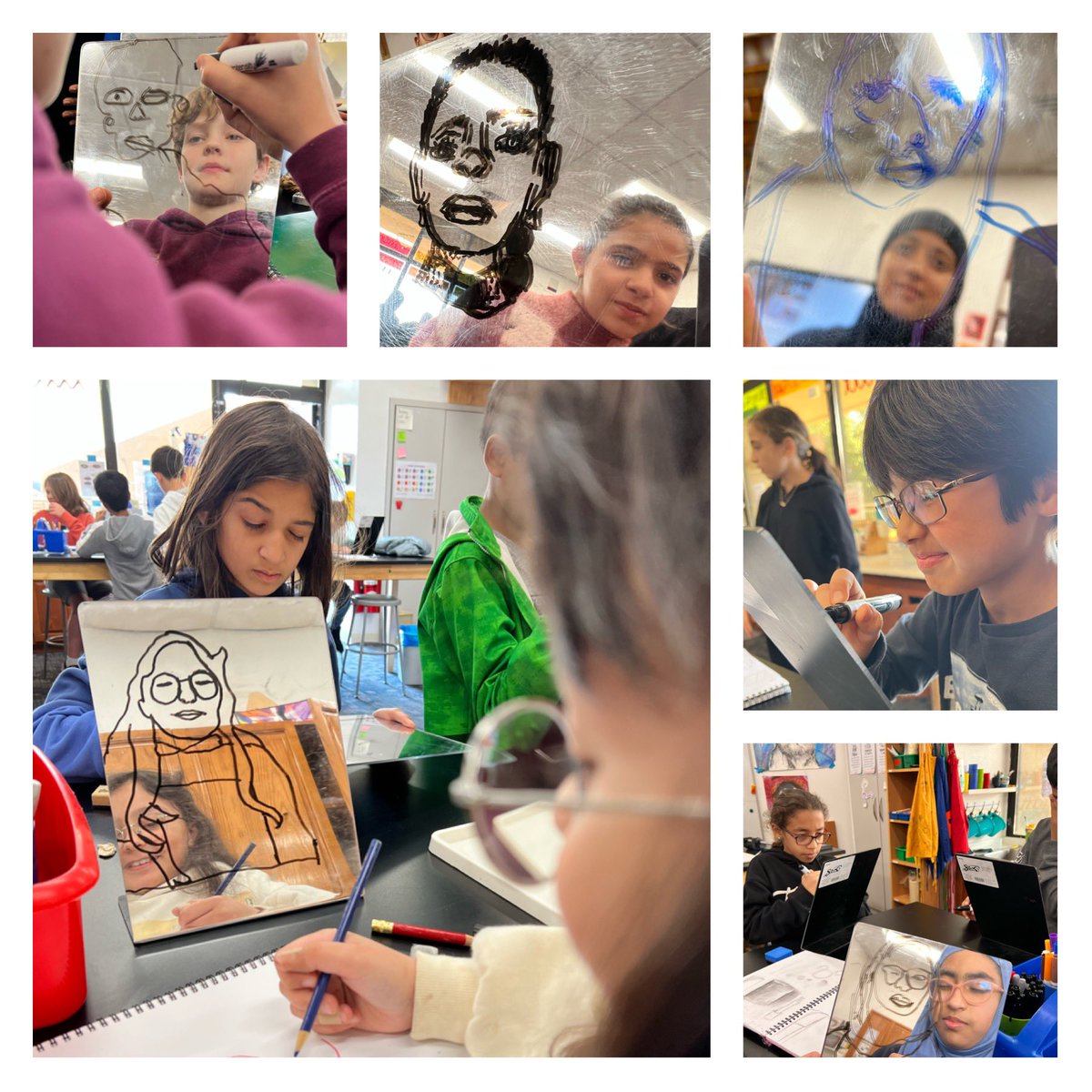 Artists Observe: Grade 5 artists are learning to draw what they see using contours. They had so much fun practising on mirrors!  #ArtTeacher #ArtEducation #K12ArtChat