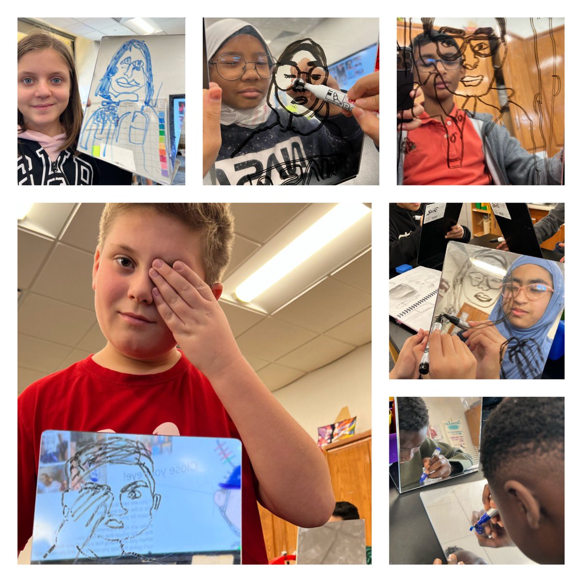 edu4creativity's tweet photo. Artists Observe: Grade 5 artists are learning to draw what they see using contours. They had so much fun practising on mirrors!  #ArtTeacher #ArtEducation #K12ArtChat https://t.co/kfcW5d4gxC