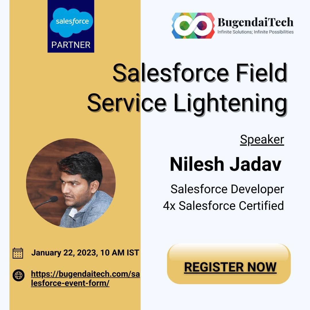 Are you looking to improve your #FieldService operations and boost productivity? Register now-bugendaitech.com/salesforce-eve….

#FSL 
#salesforce #webinar #BugendaiLearning #BugendaiTech #Salesforceevent #salesforcedevelopers