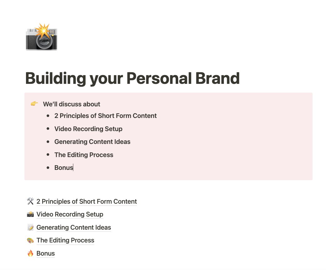 I created a Notion doc on How to Build your Personal Brand in 2023 leveraging short-form content.

Even if you've never recorded a single video before.

Build authority, attract inbound leads, and dominate 2023!

RT and comment "Video"
and you'll receive a DM

(Must be FOLLOWING)