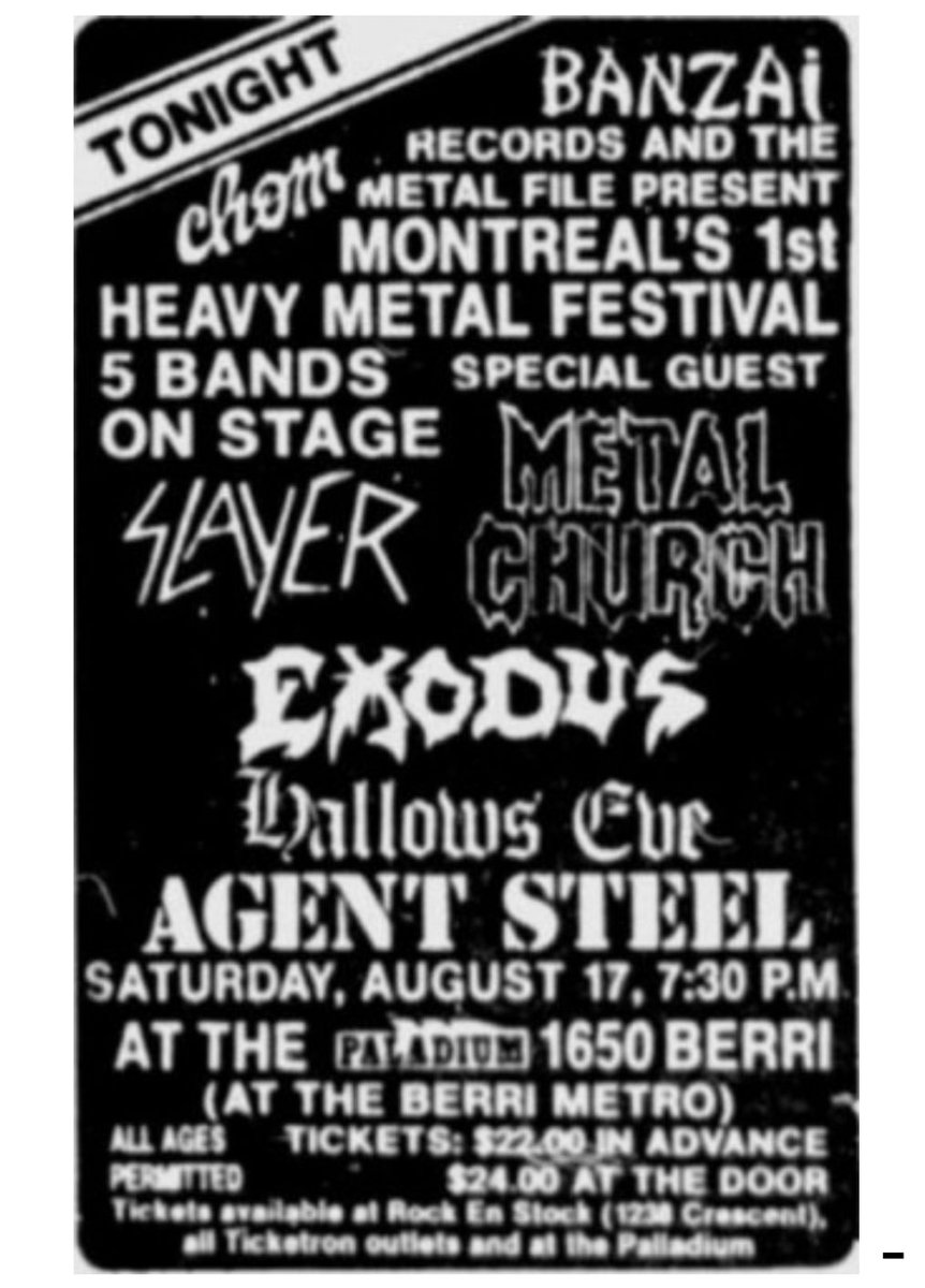 doomedparade's tweet photo. Banzai Records 🇨🇦 

Look at this lineup. Montreal’s 1st Metal Fest 1985 - fcking hell: Agent Steel opening, straight into Hallows Eve…

#BanzaiRecords #Slayer #MetalChurch #Exodus #HallowsEve #AgentSteel #Thrash #SpeedMetal #HeavyMetal https://t.co/Z1KvhmPT1n