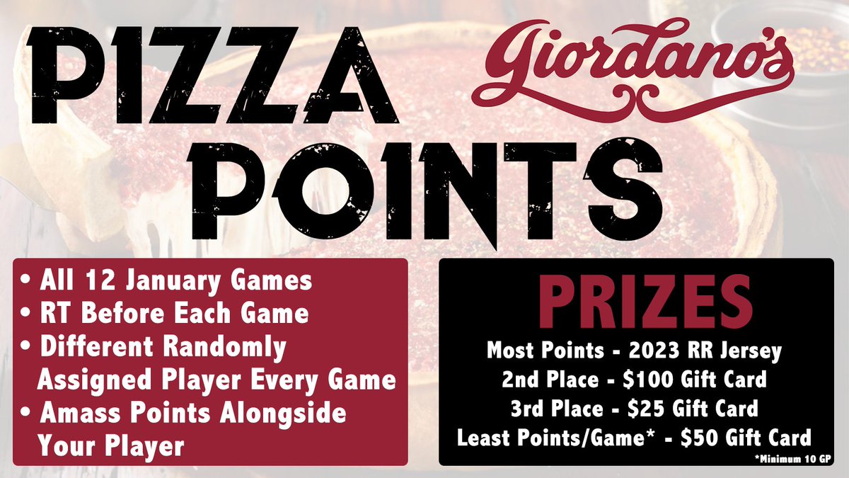 SinBinVegas's tweet photo. #PizzaPoints Game 5 is open and today is DOUBLE POINTS! RT this tweet to play. 

Everyone who RTs will be drawn to a player. The leader has 6 points. Only 7 people have 5 points. Plenty of time to make up ground and win free pizza or a RR jersey. https://t.co/WBw7CO0h9N