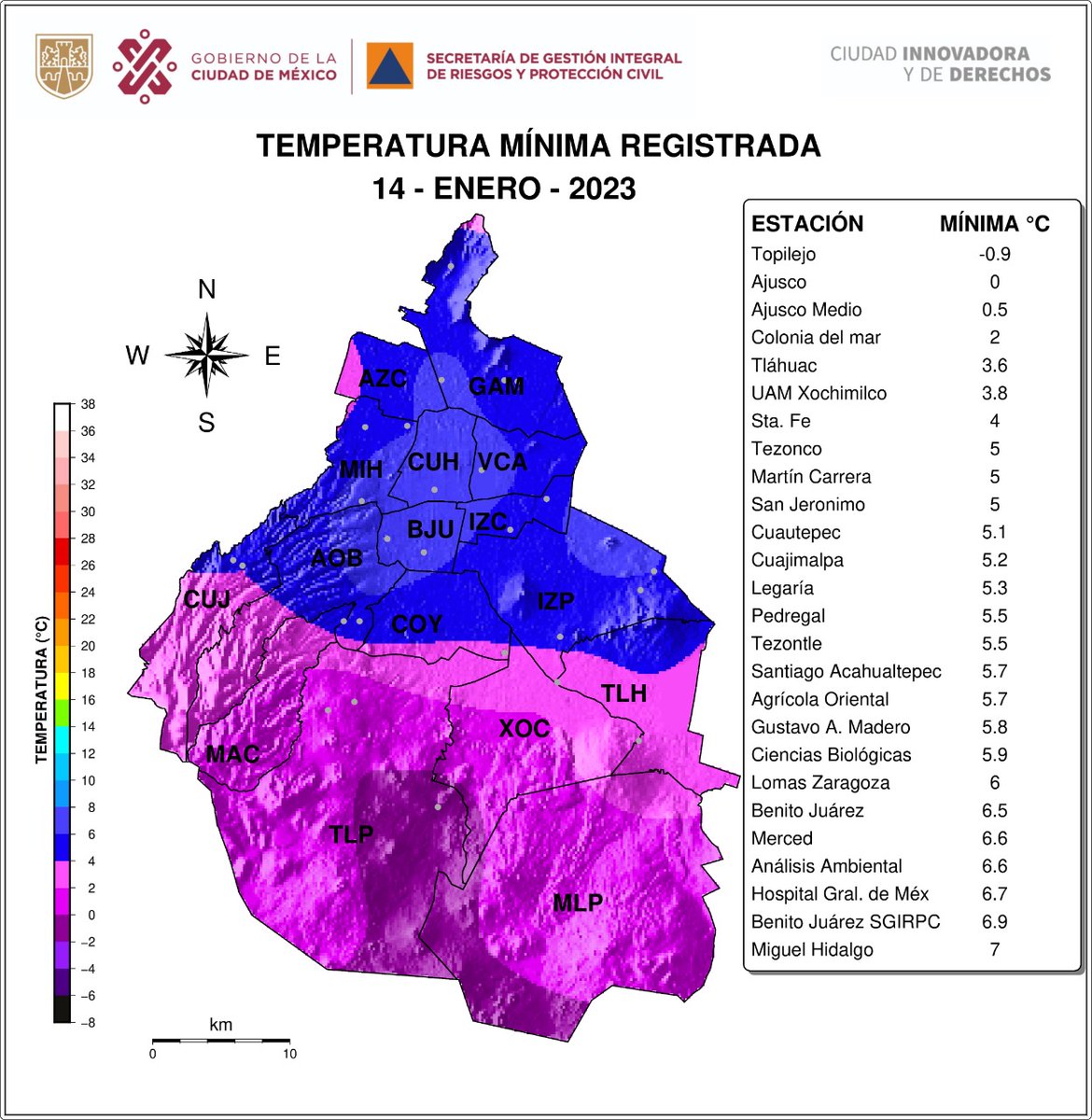 SGIRPC_CDMX's tweet photo. Distribución espacial de las temperaturas mínimas registradas el 14/01/2023 por las redes de la SGIRPC, SEDEMA, CONAGUA y UNAM. #TrabajandoJuntos #LaPrevenciónEsNuestraFuerza https://t.co/egnzWDpAuy