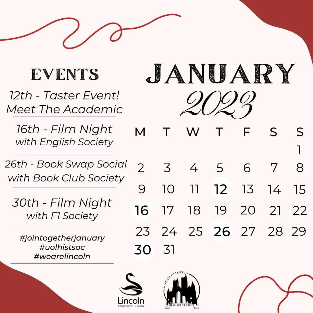 Our January events calendar is here! Check the thread for details 👀
As we all have assessment stress, we invite our members to join us for a relaxed social break 🥰
#uolhistsoc #wearelincoln