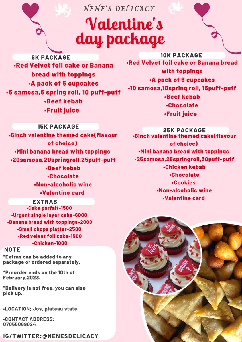 nenesdelicacy's tweet photo. Valentine’s Day is a month away🎉🥰🥰🥰 we have lovely packages for you and yours, finish us with your orders. Please RT
#ManchesterDerby #MissNigeria #VIBE #ValentinesDay #MissUniverse #NationalShutdown #RT https://t.co/mDvvIrT3Vh