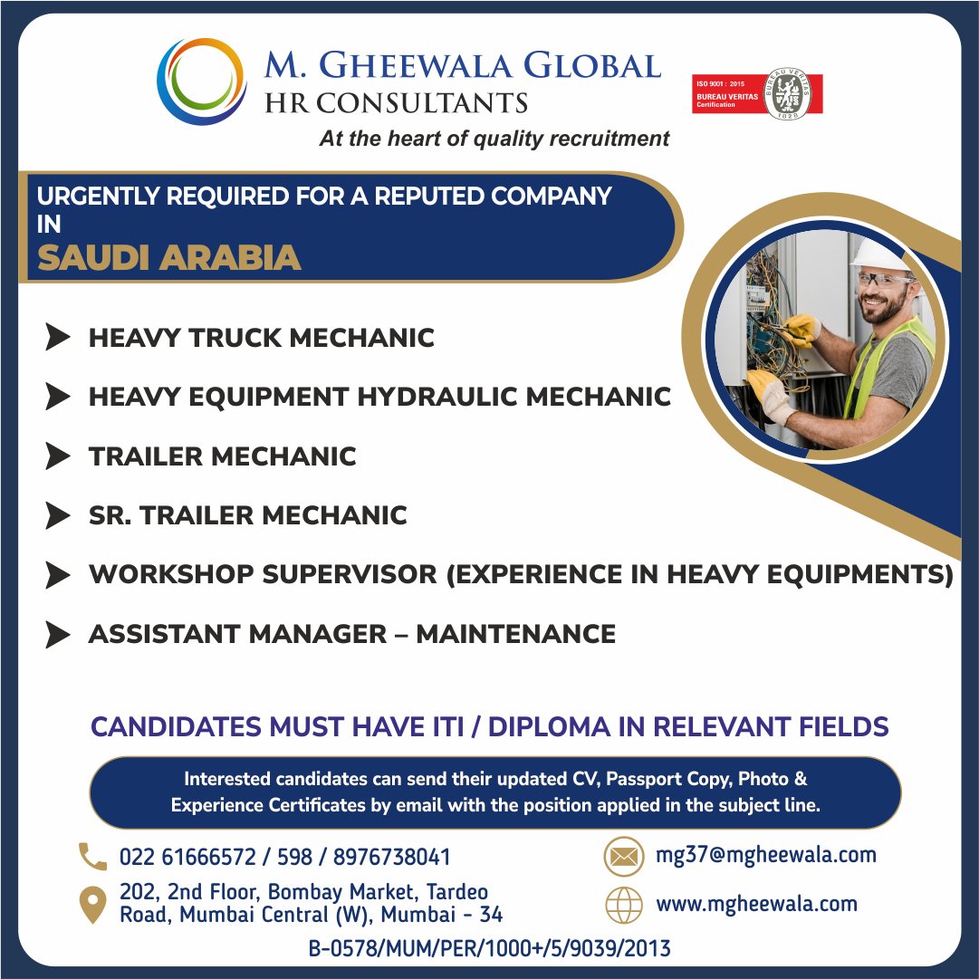 mgheewala_hrc's tweet photo. Job Vacancies for #Saudiarabia

Interested Candidates can send the updated resume to mg37@mgheewala.com

Learn More https://t.co/Ps4bxv2mB1

#jobsinsaudi #heavytruckmechanic #hydraulicmechanic #trailermechanic #workshopsupervisor #assistantmanager #diploma #manpower https://t.co/hJ1nrWYVFX