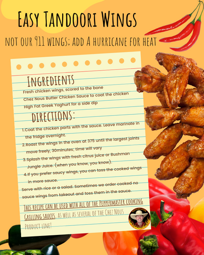 Easy Tandoori Wings!
If you haven't got a Hurricane Mash, you might want one, these are delicious not hot wings!

#ButterChicken #ChezNous #Peppermaster #Tandoori #Wings #Recipe #RecipeCards