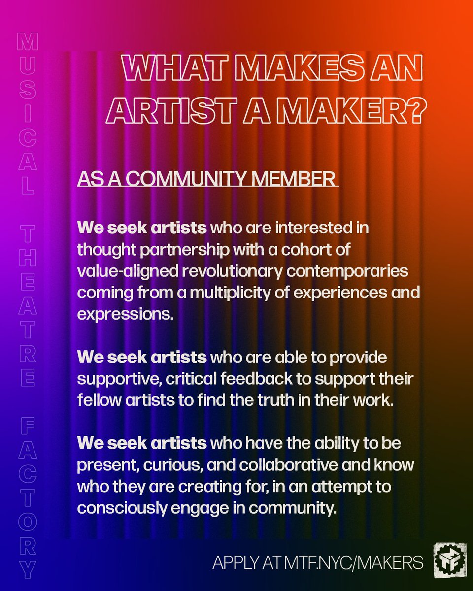 MTFmusicals's tweet photo. CALLING ALL INNOVATIVE ARTISTS!
What makes an artist a Maker? If this sounds like you, head over to https://t.co/Me4UPhv76V to apply today!
#MTFMakers #CohortIII #MusicalTheatreDevelopment #MAKERSIII #InnovativeArtists #MusicalTheatreCreators #NewMusicalDevelopment https://t.co/Mrgt22nHKX
