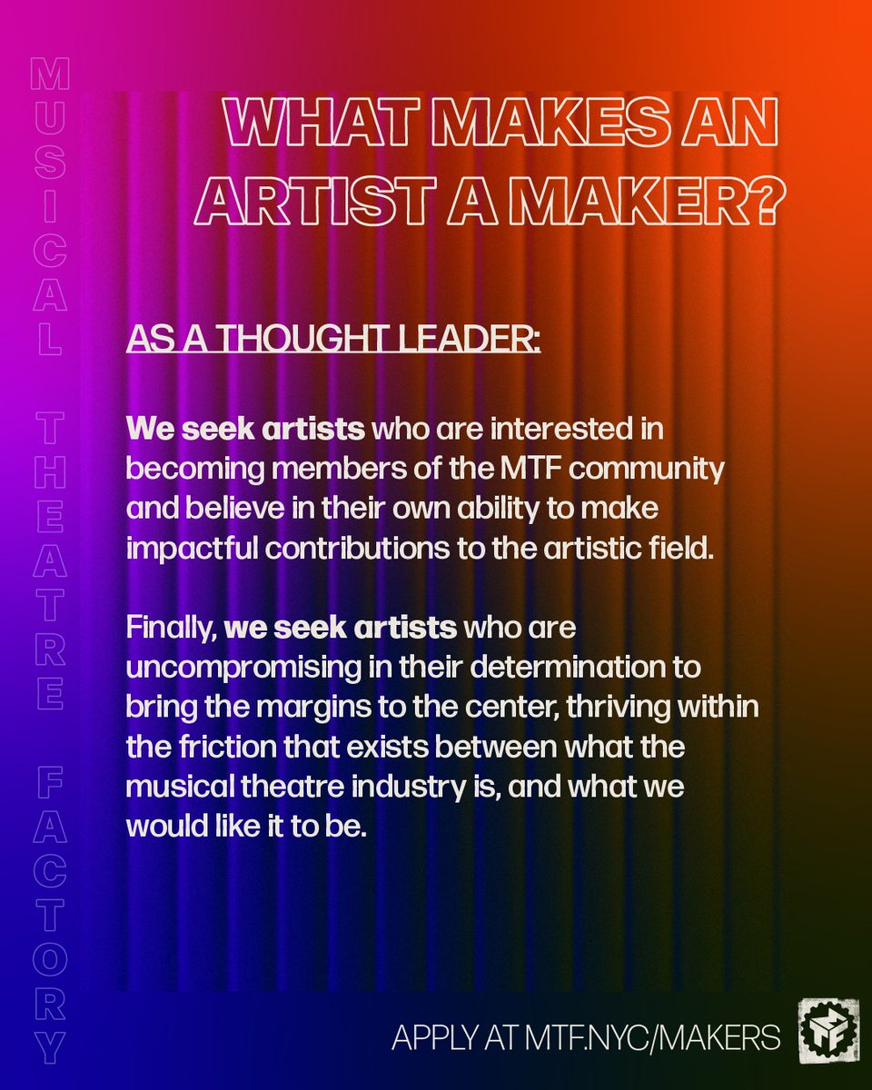 MTFmusicals's tweet photo. CALLING ALL INNOVATIVE ARTISTS!
What makes an artist a Maker? If this sounds like you, head over to https://t.co/Me4UPhv76V to apply today!
#MTFMakers #CohortIII #MusicalTheatreDevelopment #MAKERSIII #InnovativeArtists #MusicalTheatreCreators #NewMusicalDevelopment https://t.co/Mrgt22nHKX