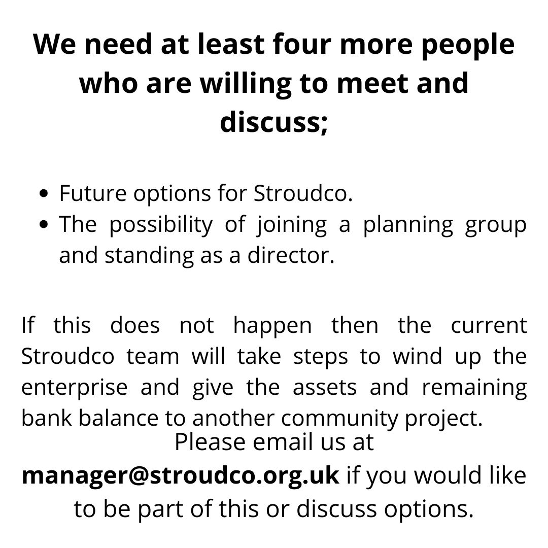 StroudcoFoodhub's tweet photo. Opportunity to reinvent Stroudco to meet the changing needs of our community! To stay resilient we need fresh ideas, people & actions If this does not happen we will be winding up at the end of March.
Email manager@stroudco.org.uk to get involved or discuss.
#stroud https://t.co/mwUYc5WC5p