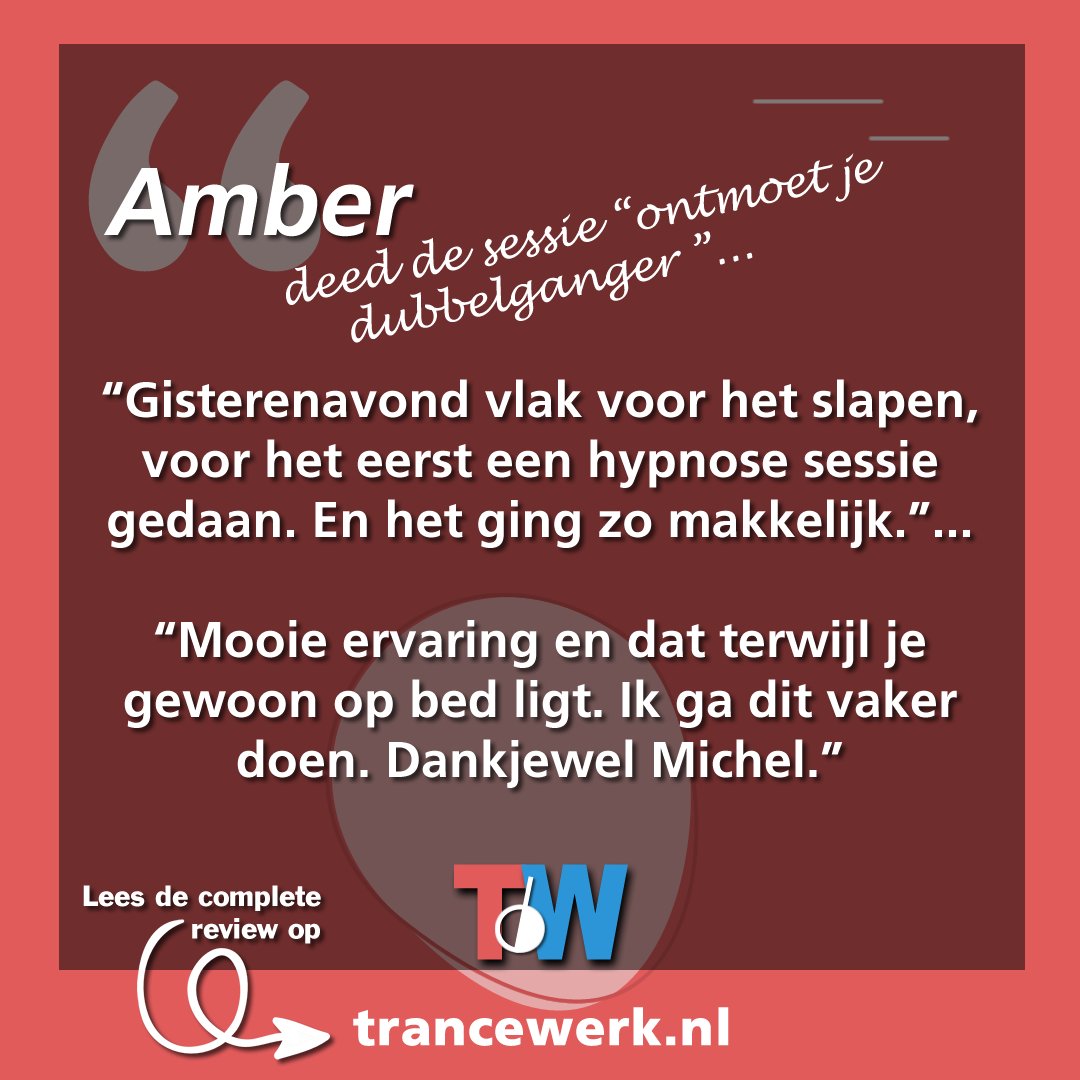 Trancewerk's tweet photo. Dit is wat Amber vertelde, nadat ze de sessie 'Ontmoet je dubbelganger' gedaan had. Ga naar https://t.co/M35BU6yJc1 om haar volledige review te lezen.👍

#trancewerk #transwerk #hypnose #hypnotherapie #hypnosetherapie  #hypnos #dubbelganger #doppelganger #universum https://t.co/Bqi2YRmPMK