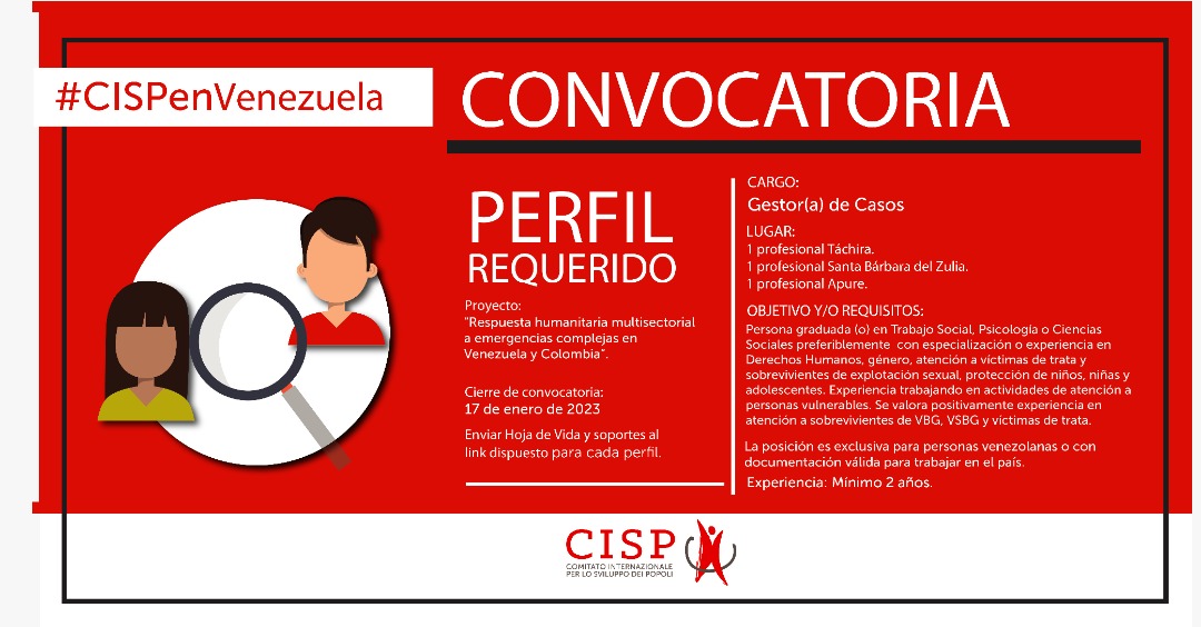 CispVenezuela's tweet photo. Estamos en la búsqueda de Gestores de Casos para Táchira, Apure y Santa Bárbara del Zulia. Si su perfil se adapta a esta convocatoria ingrese al siguiente link: https://t.co/q5rd3h9q1G https://t.co/WSZuYXDBvd
