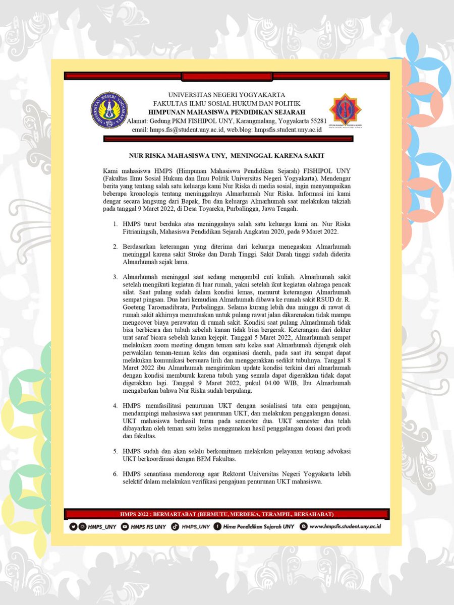 UNYmfs's tweet photo. /UNY jadi meninggalnya bukan karna bayar ukt ya, terlepas memang penurunannya susah, tapi almh dah dibantu sama prodi + meninggal waktu cuti kuliah dan habis kegiatan berat https://t.co/sMCcO67e0h
