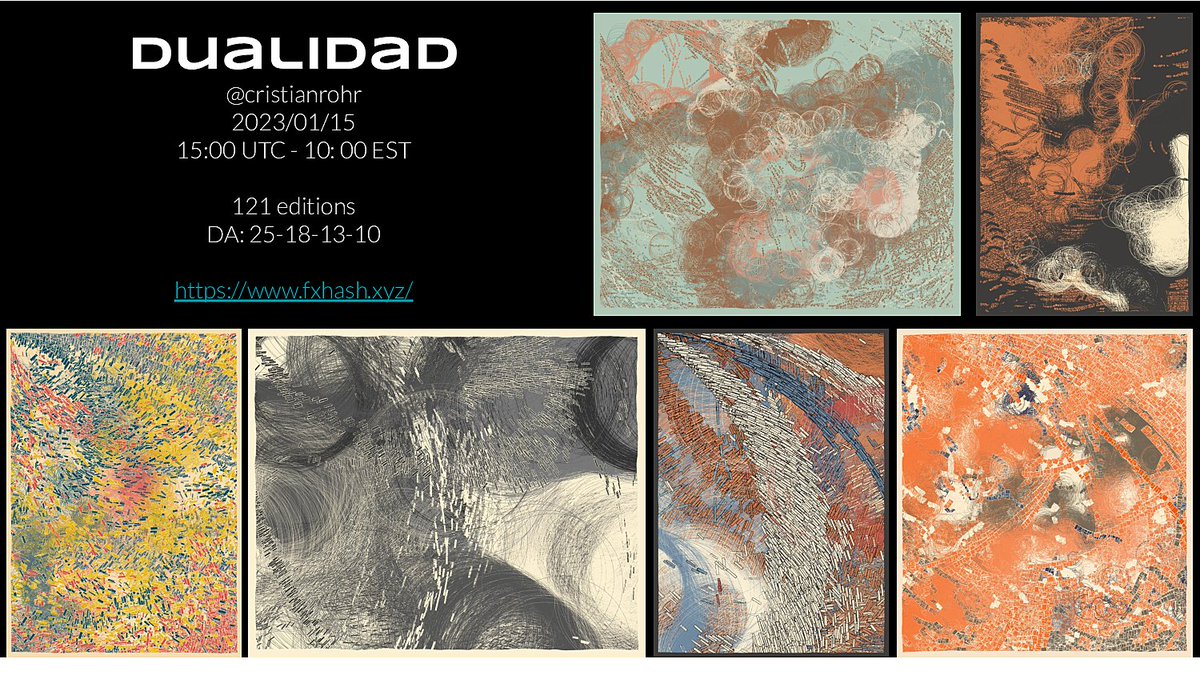 Tomorrow Sunday, I will be dropping 'Dualidad' on <a href="/fx_hash_/">fxhash</a> 

15:00 UTC / 10:00 EST
121 editions

#CleanNFT #tezoscollector #tezosart #p5js
